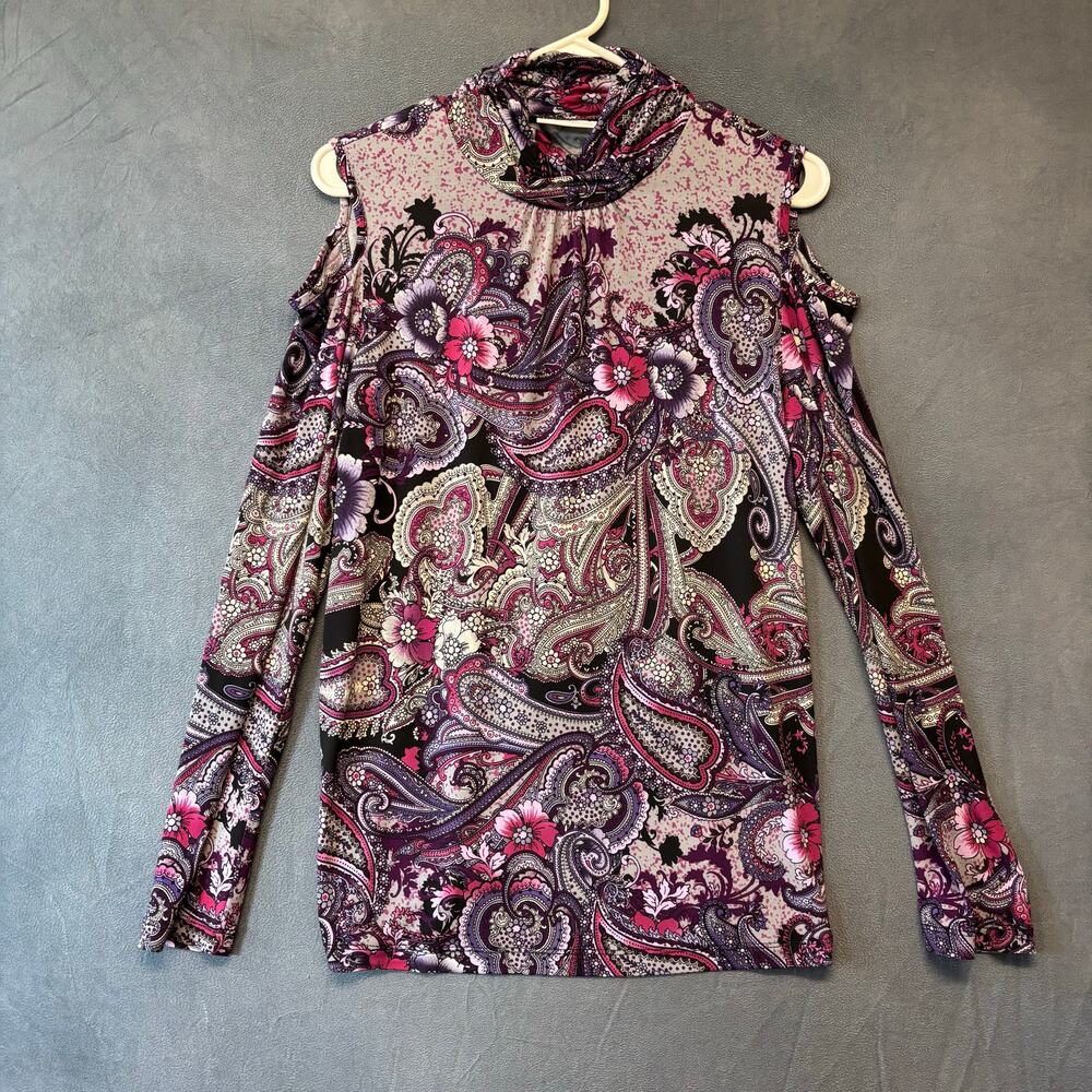 QVC Susan Graver Blouse Mock Turtleneck Neck Peek a Boo Shoulder Tunic Small